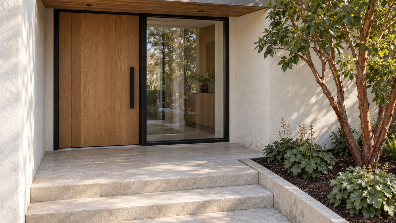 Warm-modern entrance with an oak door, black-framed window, limestone steps and a planted bed beside the landing.