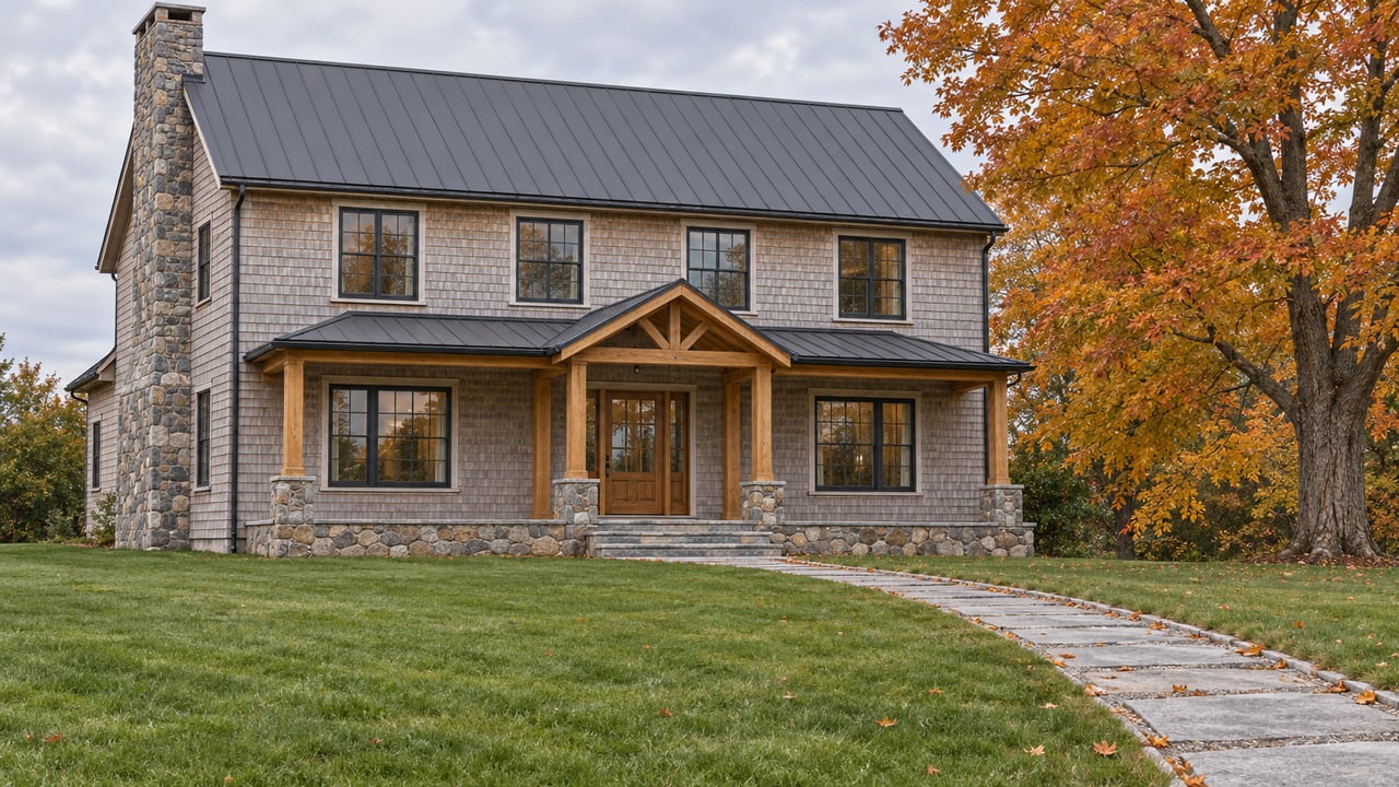 Cedar-shingle home with a timber porch and fieldstone chimney beyond a broad autumn lawn and granite walk, beside a mature sugar maple.