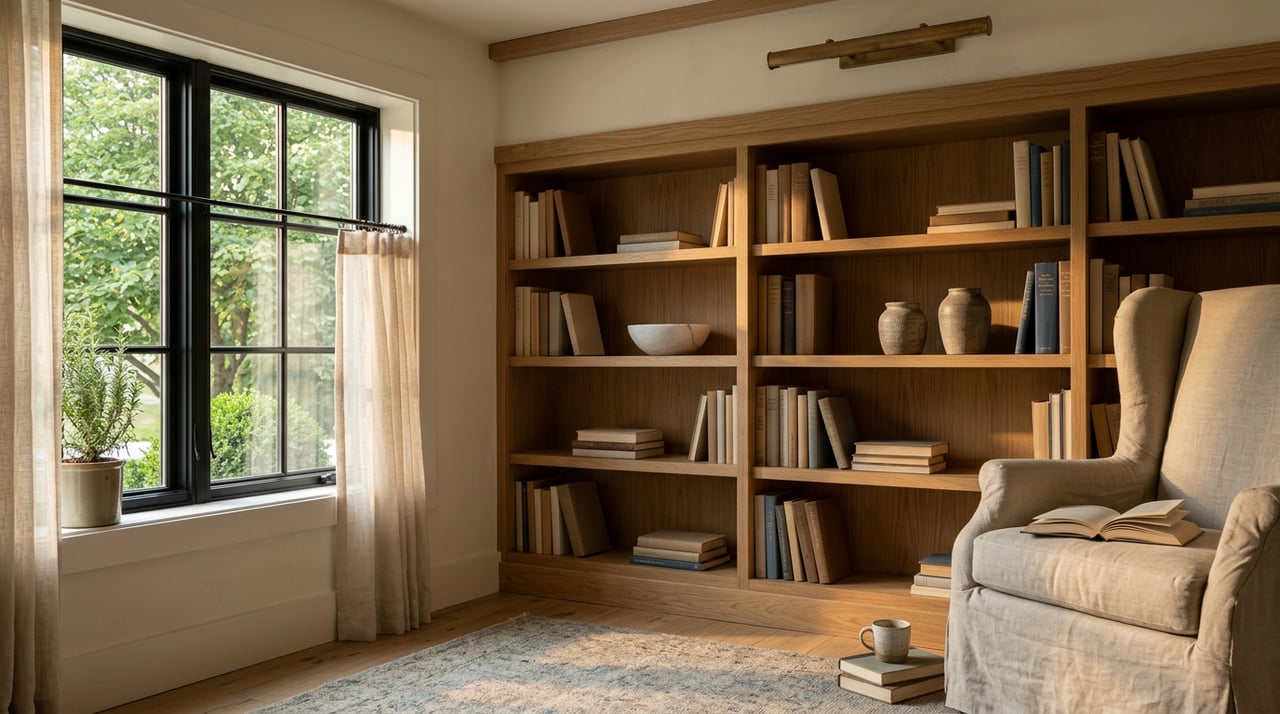 Reading nook with white-oak bookcase, linen-bound books, divided-light window, and linen chair.
