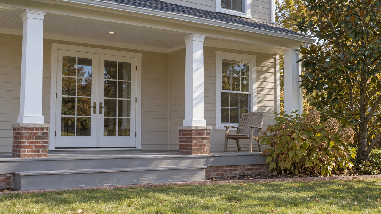Sunlit covered porch with pale tan lap siding, white glazed doors, weathered teak chair, brick steps, and oakleaf hydrangea.