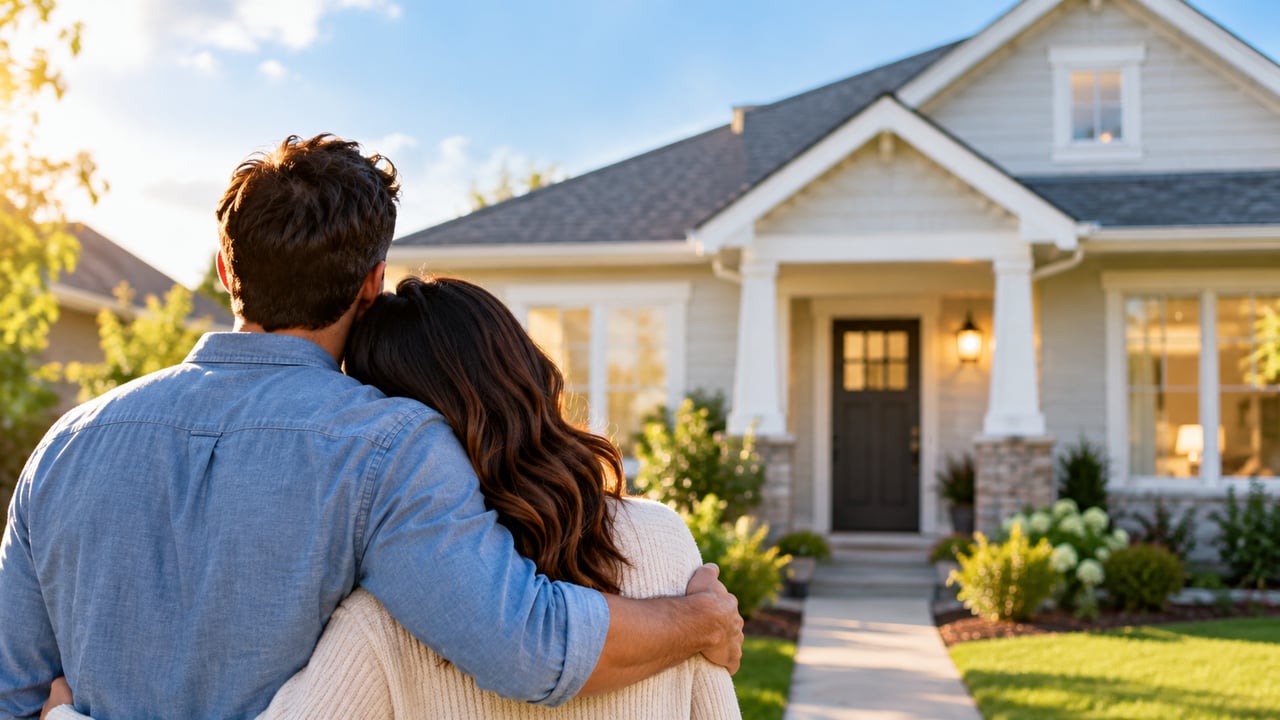 House exterior with a couple standing arm in arm on the front walkway at sunset.