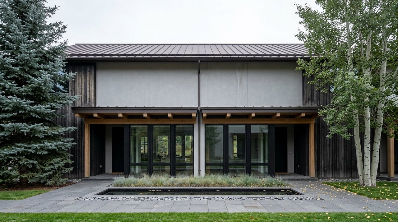 Paired modern townhomes with gray plaster and charred cedar, framed by spruce and aspen beside a stone walkway and water rill.