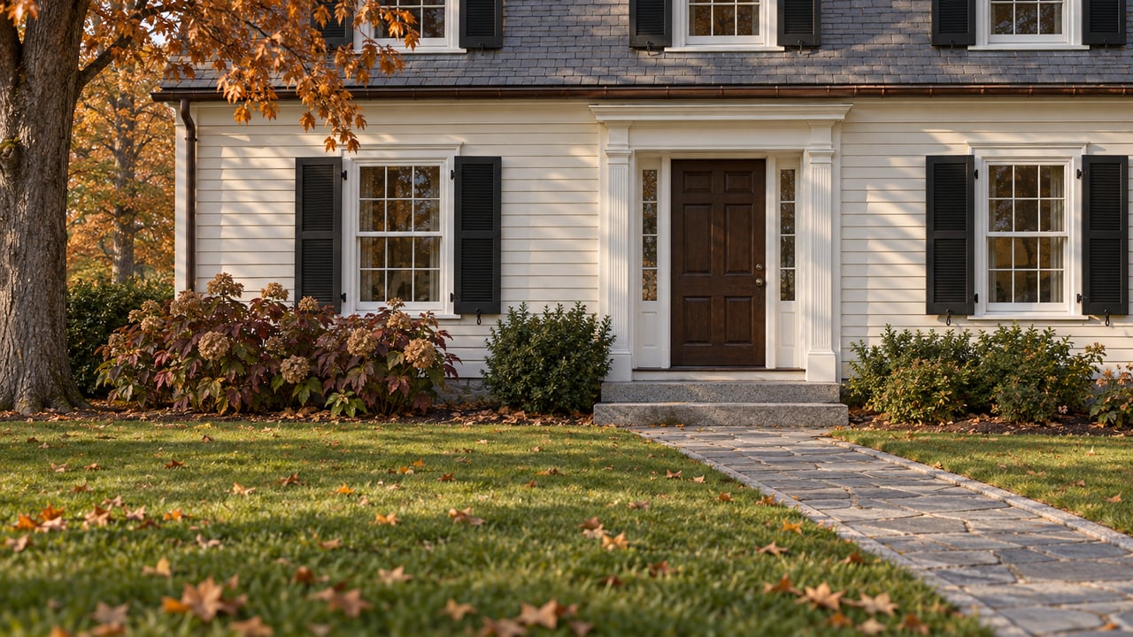 Ivory clapboard home with black shutters, a dark wood entrance, granite steps, and russet autumn planting beside a stone walk.