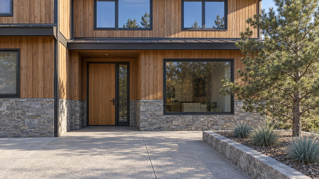 Modern attached-home entrance with weathered cedar siding, gray stone, dark-framed windows and a compact raised planting bed.