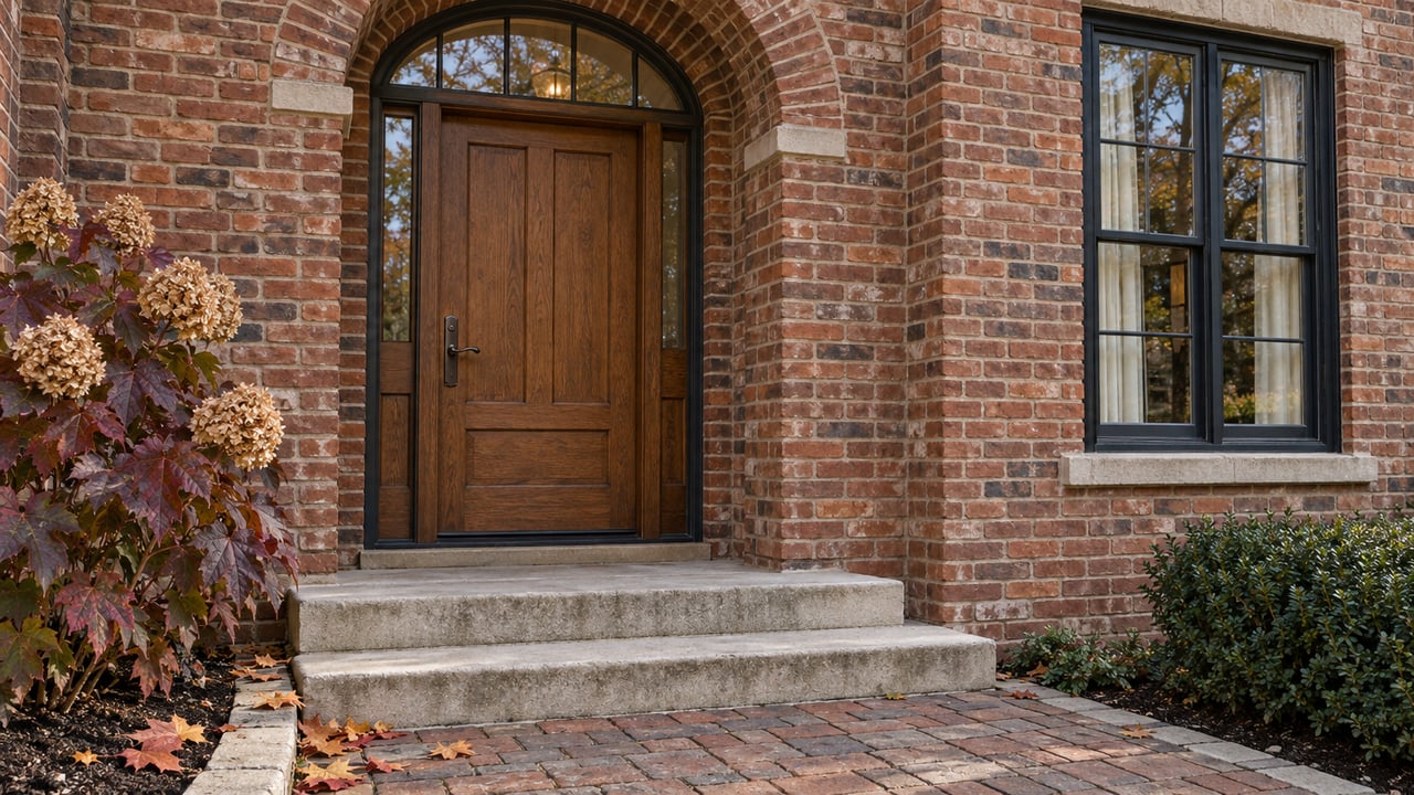 Weathered brick entrance with an oak door, arched transom, limestone steps, and burgundy oakleaf hydrangea.