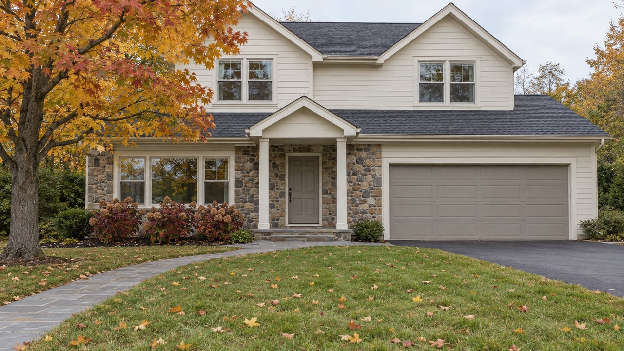 An ivory-sided gabled home with a stone entry, deep autumn lawn and gold-leaved sugar maple.
