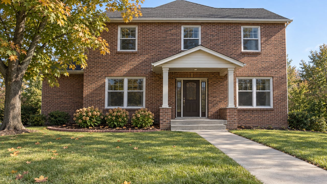 Two-story red-brown brick home with a covered entry, deep front lawn, and a mature maple beginning to turn amber.