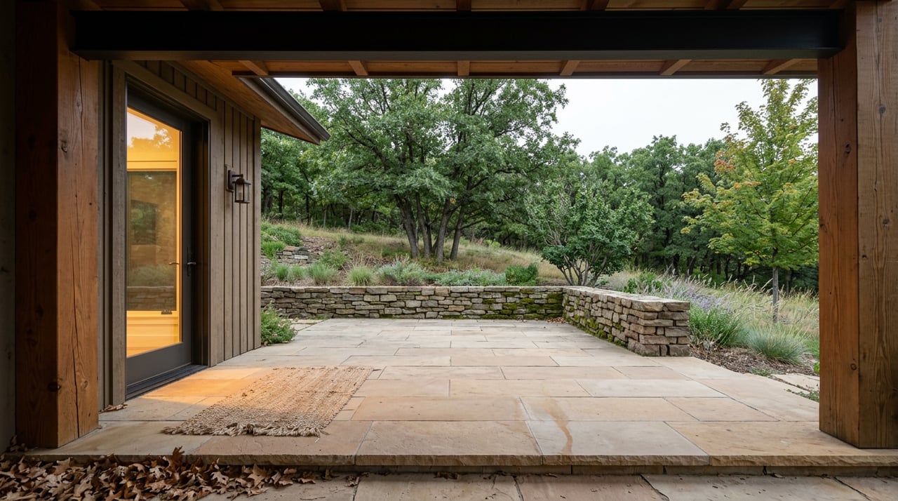 Flagstone threshold framed by timber posts, looking toward a stone wall, planted slope, and turning maple leaves.
