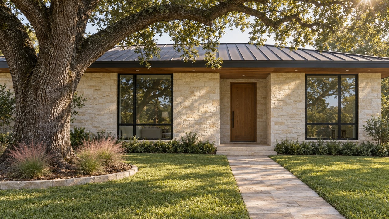 A mature oak shades a limestone house with a recessed oak door and narrow paver walkway.