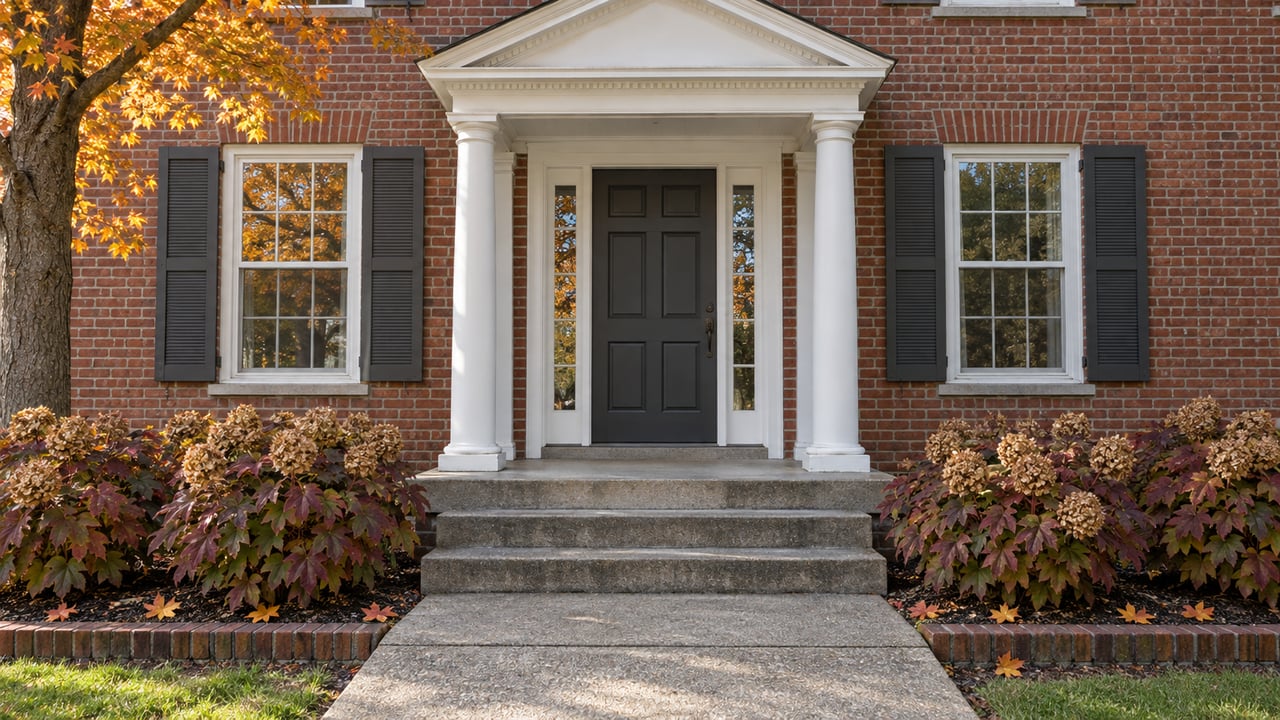 Red brick home entrance with white columns, gray shutters and autumn maple foliage beside a concrete approach.