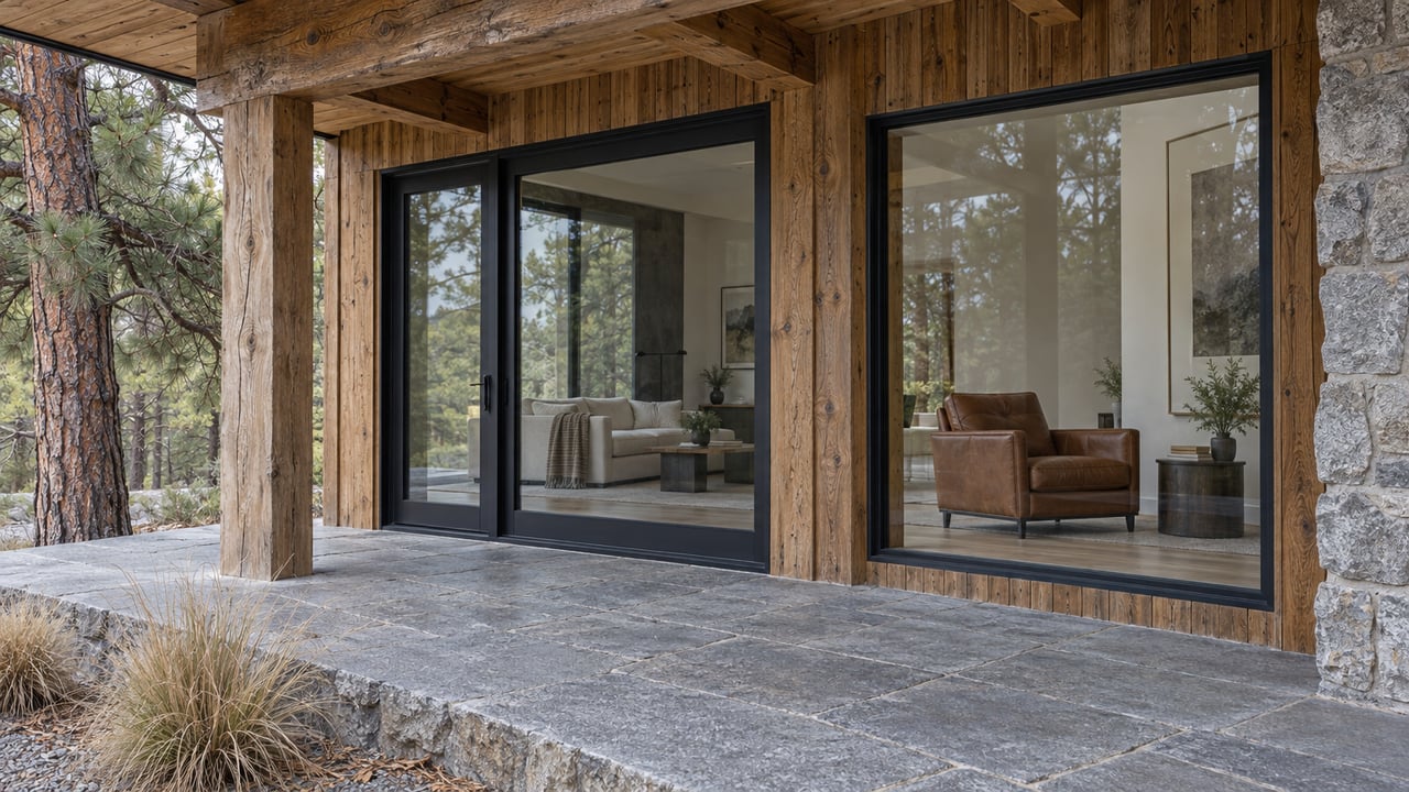 Weathered timber and granite cabin terrace with closed black-framed glazing, a leather chair visible inside, and dry native grasses beside a stone step.