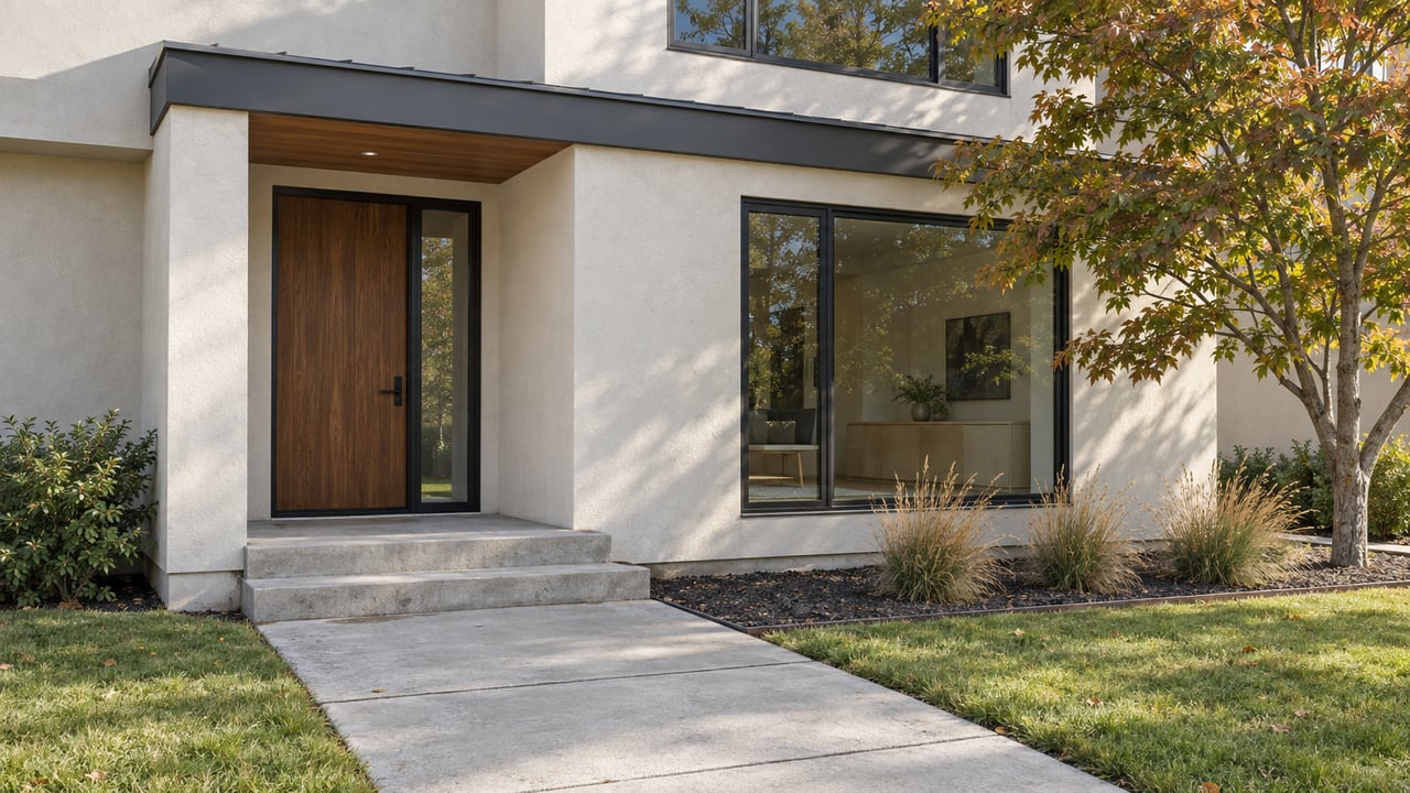 Contemporary home's recessed timber entry and black-framed windows beside a concrete approach, autumn maple and tawny grasses.