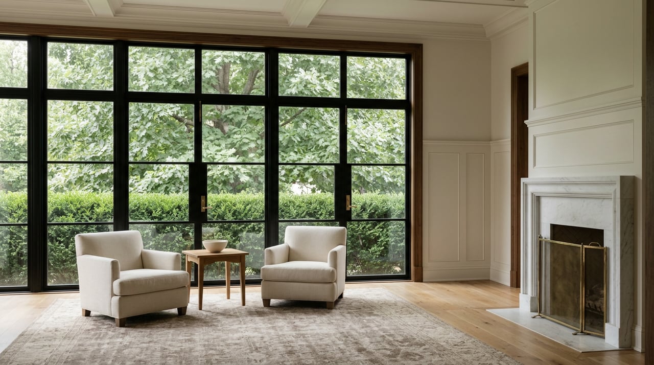 Formal study with a marble fireplace, cream armchairs, faded rug, and tall black-framed windows overlooking trees.