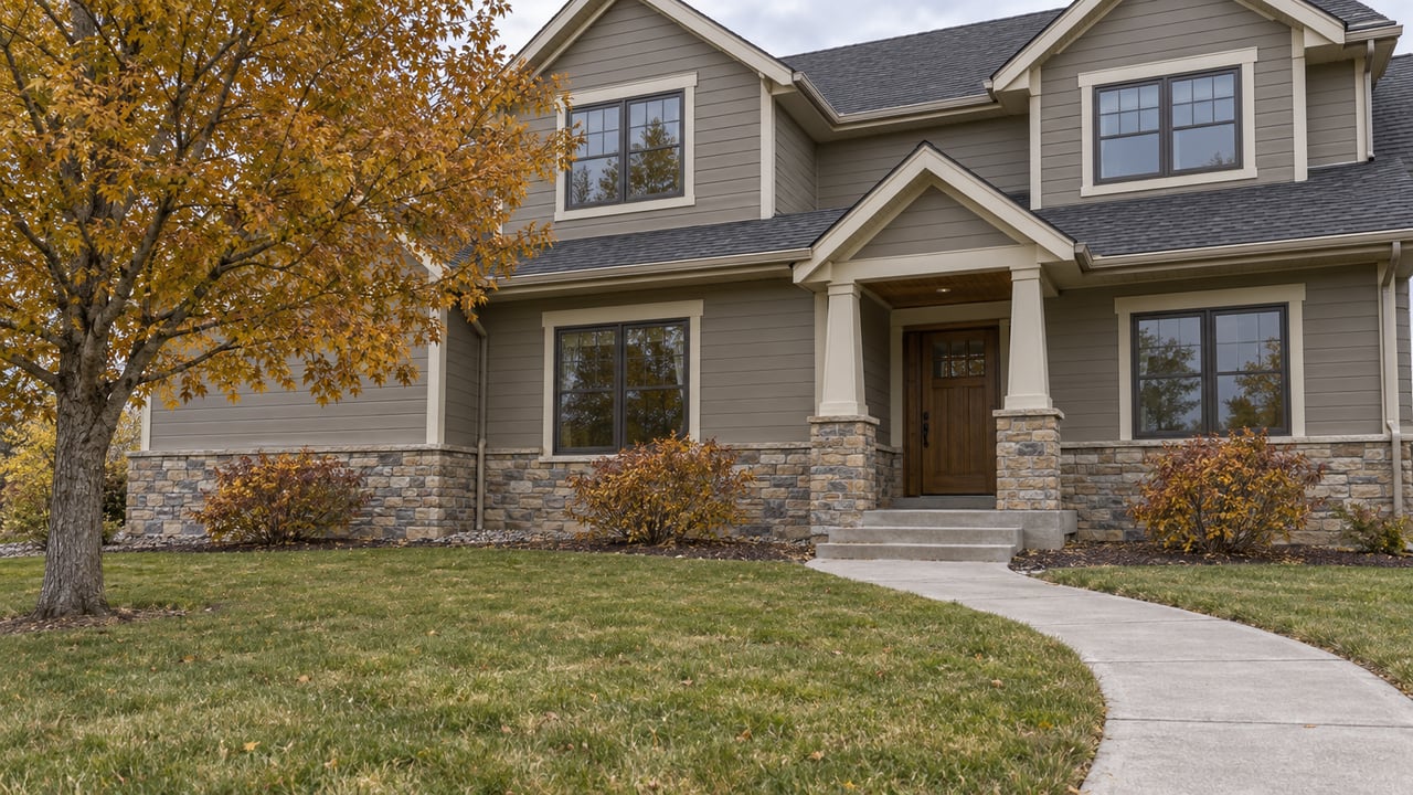An established two-story home with gray siding, a stone porch, a deep lawn and an ocher-leaved tree in soft autumn daylight.