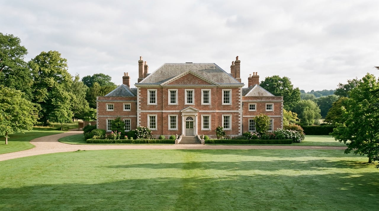 Georgian brick estate with white-columned portico, curved bluestone driveway, and broad lawn before mature trees.
