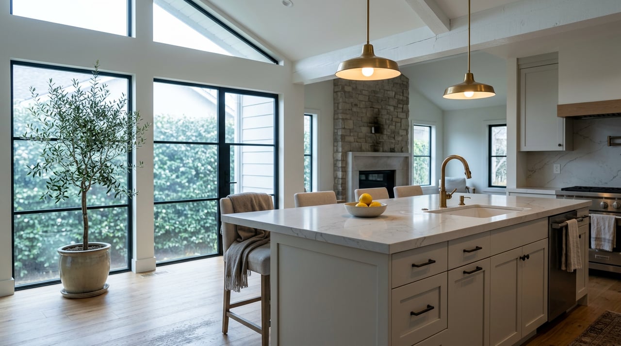 Kitchen island with gray-veined quartz, white cabinetry, brass pendants, and a stone fireplace beneath a vaulted ceiling.
