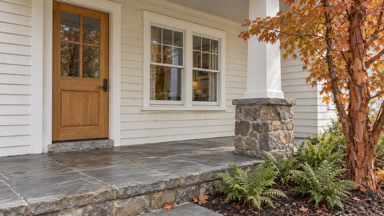 Covered porch with an oak entry door, white clapboard siding, paired windows and weathered bluestone paving beside a paperbark maple.