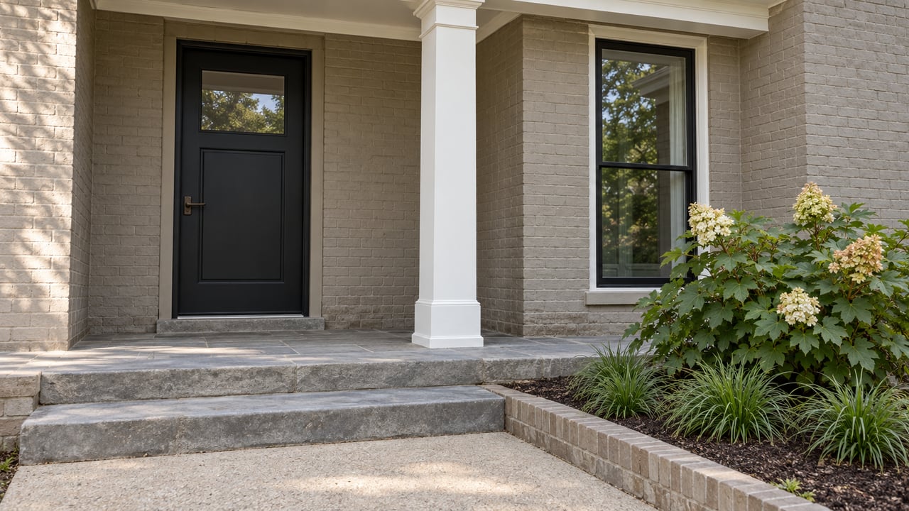 Greige painted-brick home entry with a dark door, white porch column, gray stone steps, and oakleaf hydrangea beside the approach.