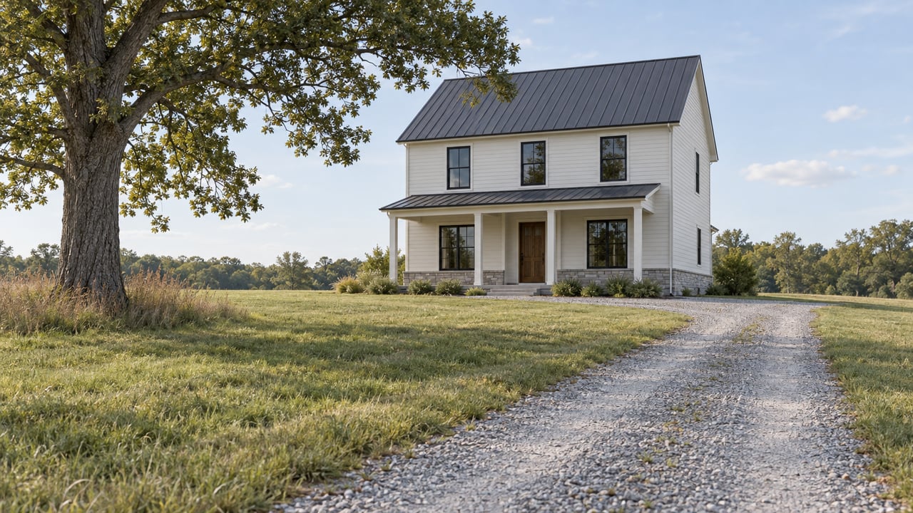 Off-white two-story house beyond a grassy meadow, with a gravel approach and broad-crowned oak.
