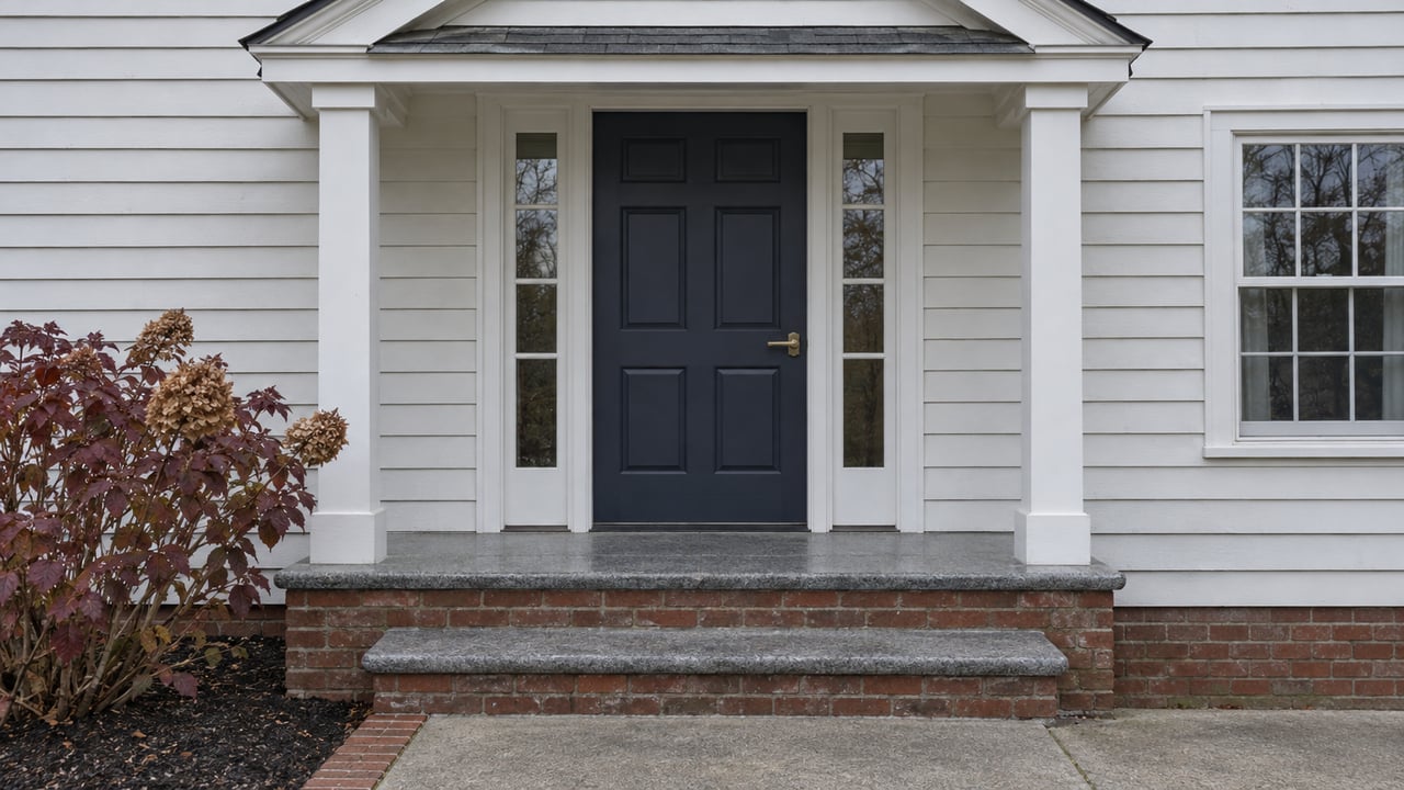 Traditional clapboard home entry with a dark paneled door, paired sidelights, granite steps and late-autumn oakleaf hydrangea.