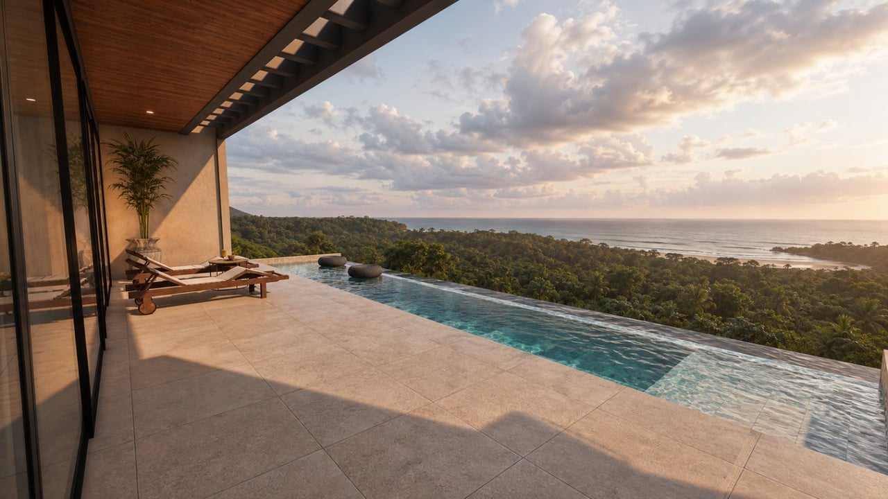 Modern terrace and infinity pool overlooking tropical forest and ocean at golden hour.