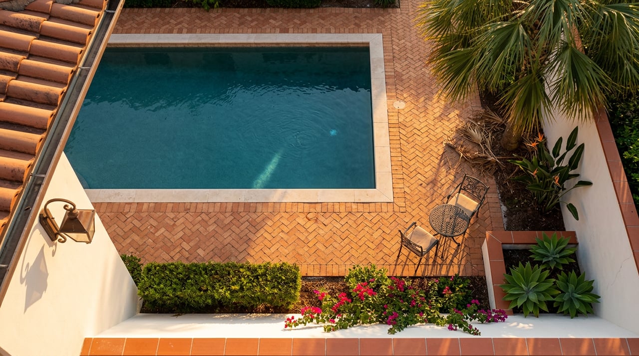 Top-down courtyard view with a teal pool, terracotta pavers, palm shadows, and a magenta bougainvillea-covered wall.
