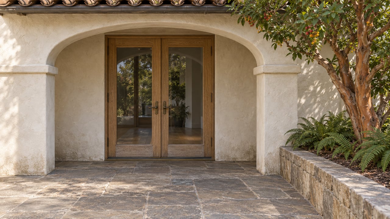 Sheltered stucco terrace with arched oak French doors, weathered sandstone paving, and a sculptural strawberry tree in a raised stone bed.