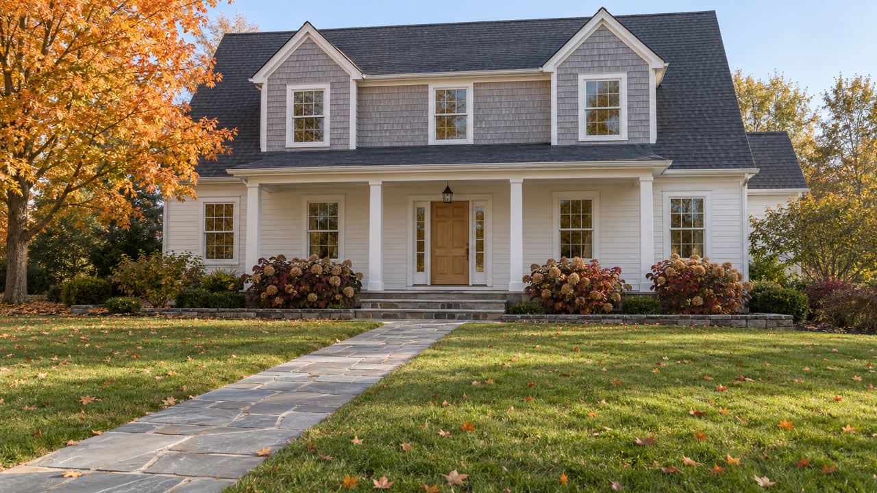A clapboard-and-shingle home beyond a broad lawn and bluestone walk, with an orange-gold maple and burgundy oakleaf hydrangeas in morning sunlight.