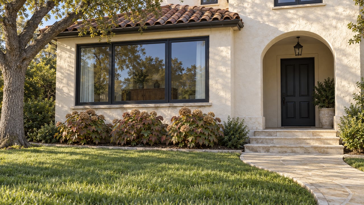 Cream stucco home with terracotta roof tiles, black-framed windows and a raised stone porch beside a deep lawn and autumn oakleaf hydrangeas.