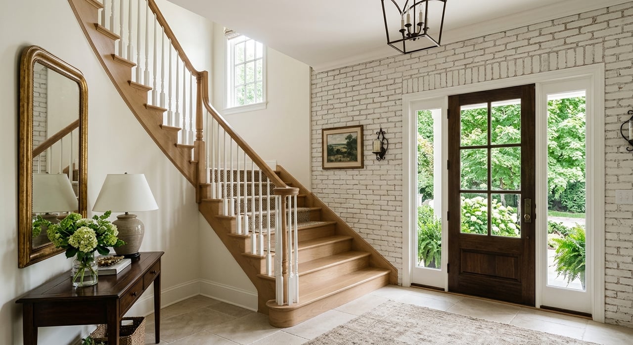 Limestone foyer with oak staircase, taupe runner, walnut handrail, and greenery beyond the glass door.