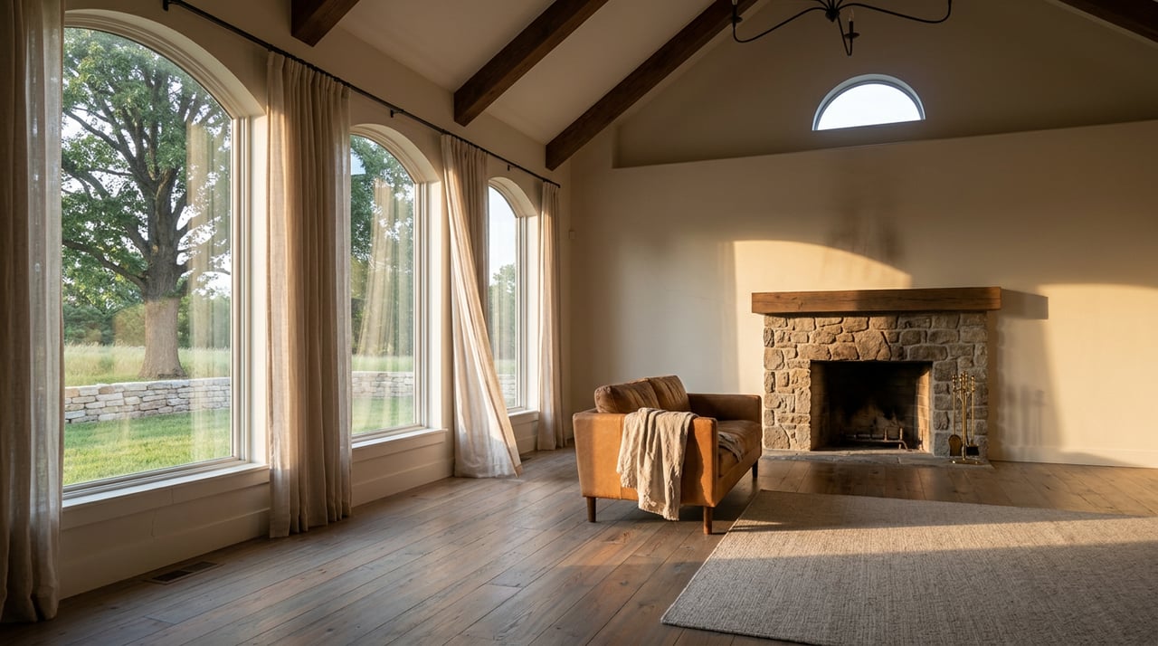 Great room with a stone fireplace, exposed timber beams, and arched windows overlooking an oak.