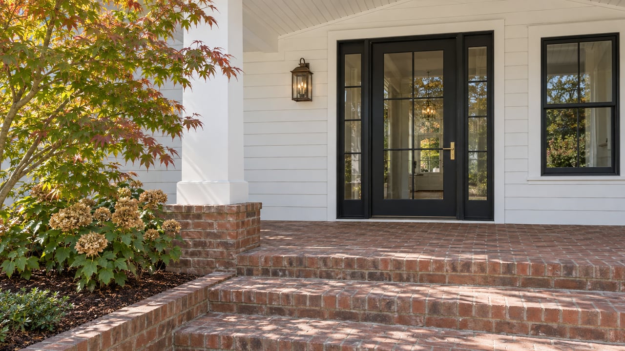 White cottage porch with black-framed glazed entry, worn brick steps and oakleaf hydrangeas beneath a Japanese maple.