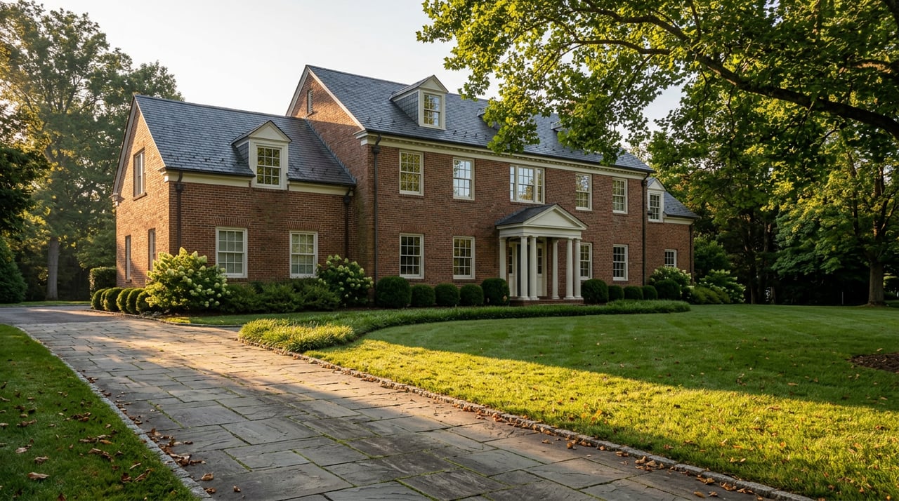 Two-story brick estate with a pedimented portico, dormers, clipped shrubs, and a curved bluestone driveway across the lawn.