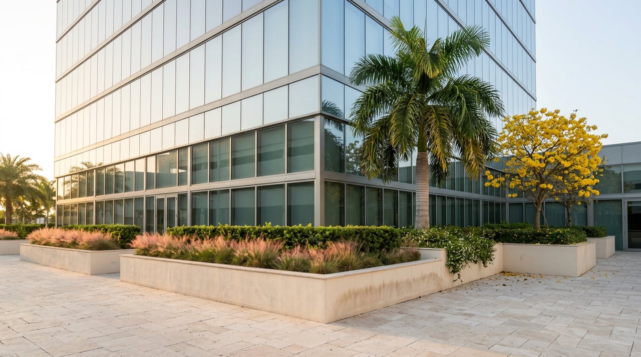 Glass high-rise above a travertine plaza, with a royal palm, yellow-flowering tree, and raised tropical planters.