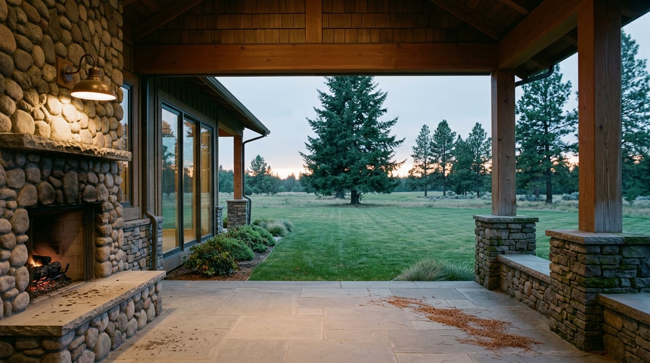 Stone-and-timber porch with glowing fireplace opens onto lawn and fir trees at dusk.