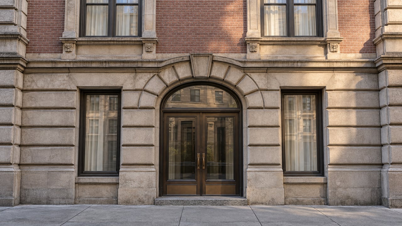 Morning light grazes a limestone and brick residential facade with bronze glazed entry doors and tall framed windows.