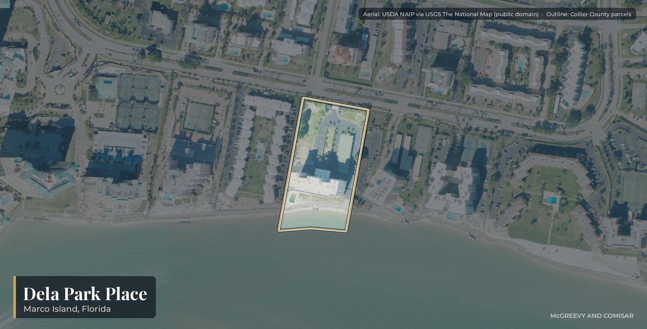Aerial view of Dela Park Place on Marco Island, Florida, the 1997 condominium at 1020 South Collier Boulevard near the south end of the gulf-front corridor