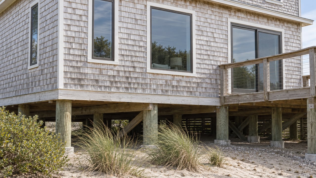 Elevated coastal house with weathered cedar shingles, glazed windows, timber piles, and dune grasses in sand.