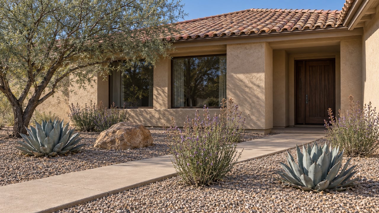Sand-stucco home with a terracotta tiled roof, shaded windows and a deep gravel garden planted with ironwood and agaves.
