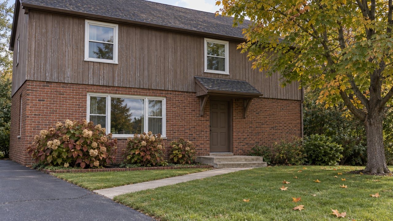 Two-story brick and wood-sided house with a covered entrance, lawn, and mature autumn tree.
