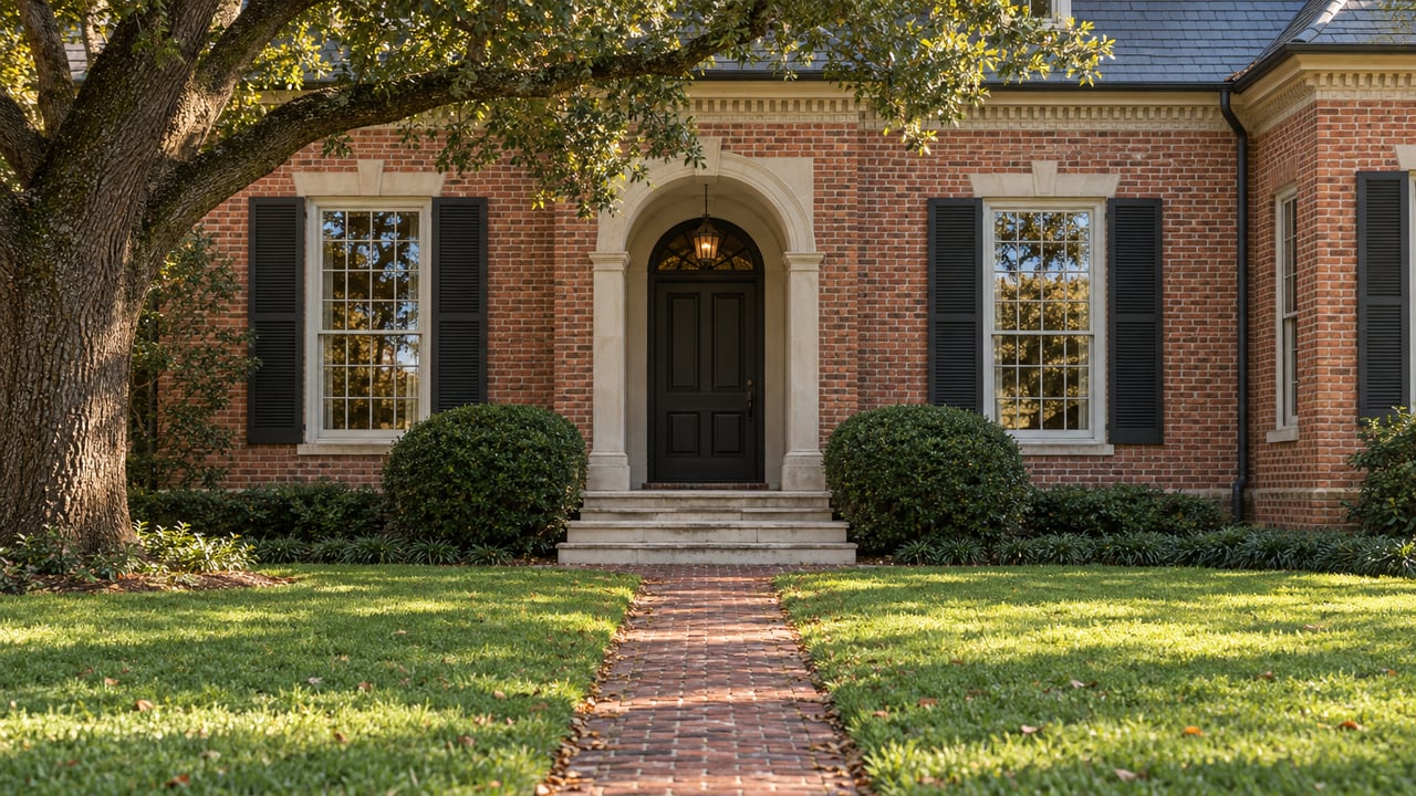 Red-brick house with an arched entry, limestone steps, and a brick walk across a lawn beneath an oak canopy.