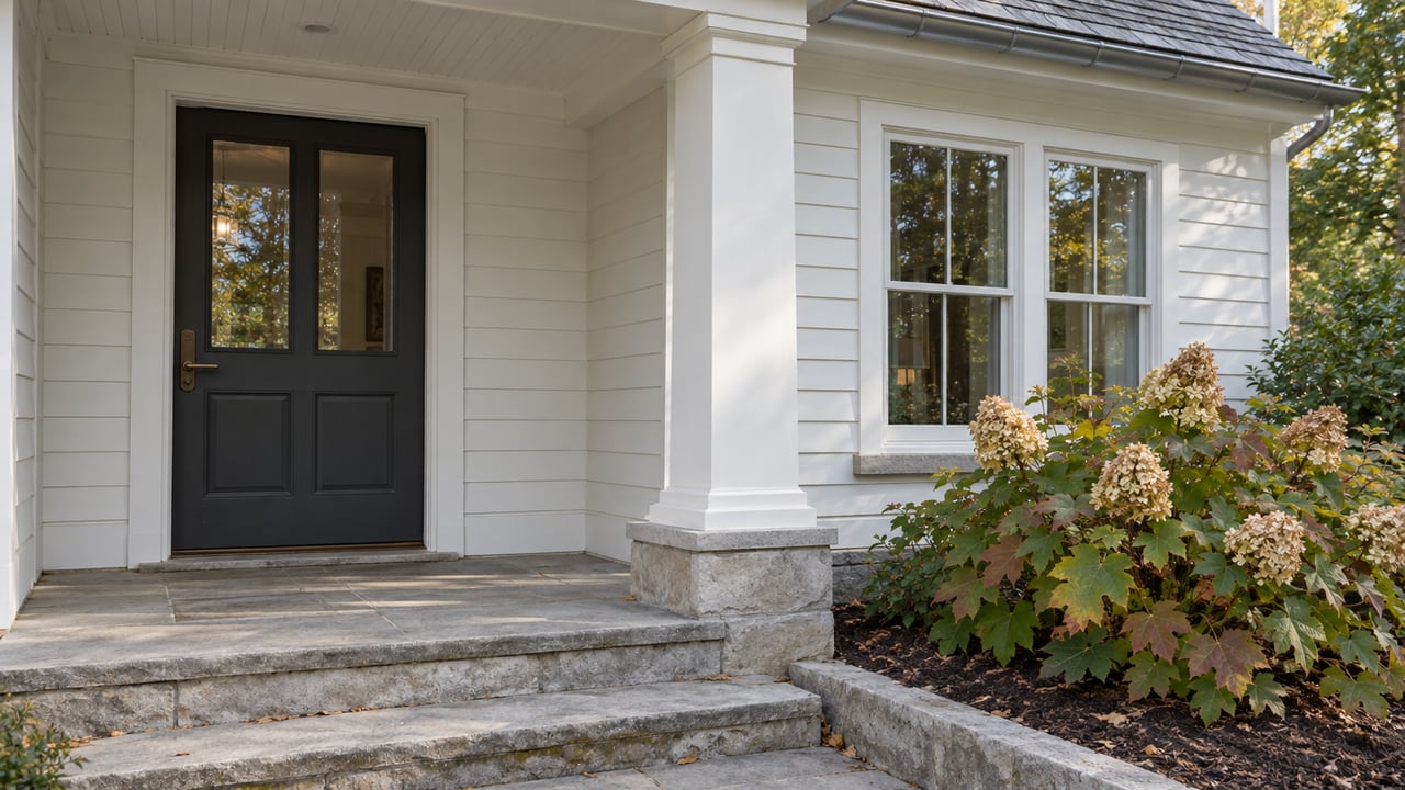 White timber-clad home with a sheltered charcoal door, limestone entry steps, and an oakleaf hydrangea beside the porch.