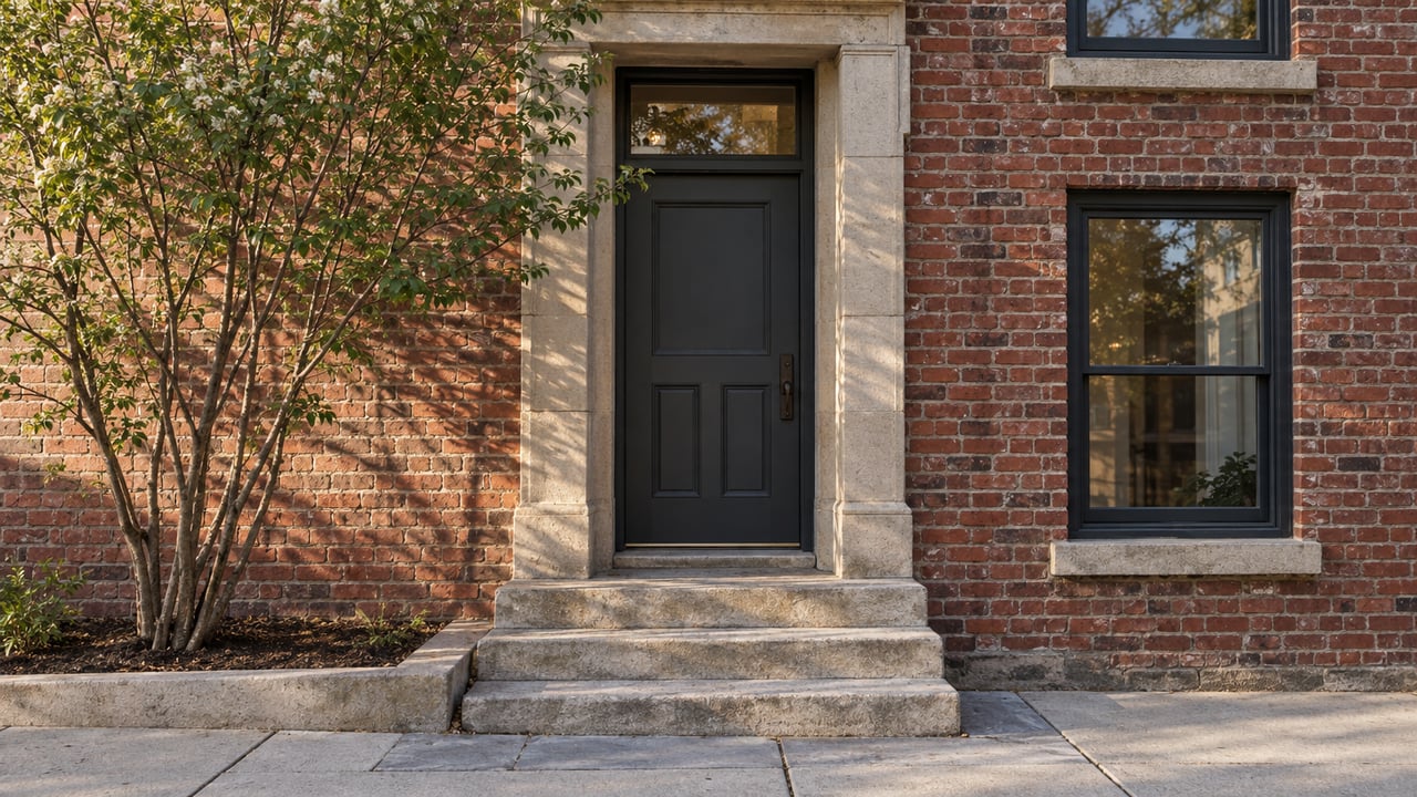 Brick home's recessed charcoal doorway, weathered limestone steps, and multi-stem tree at the left.