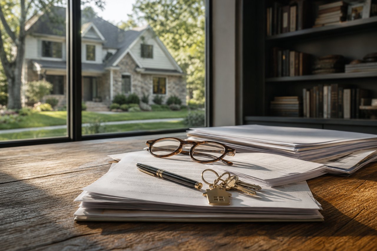 Real estate closing documents and house keys on a table with a suburban home in the background, illustrating a seller rent-back arrangement.