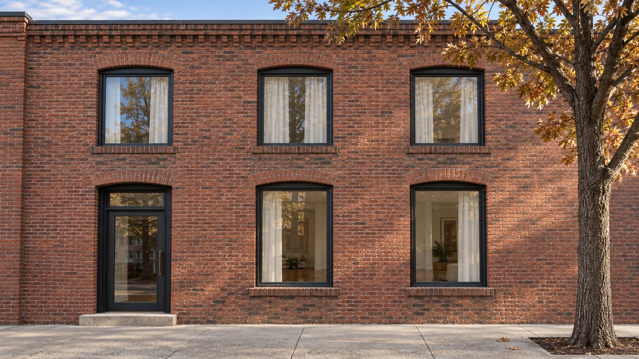 Warm afternoon light across a weathered brick residence with tall dark-framed windows, a recessed glass entrance and an oak at the sidewalk edge.