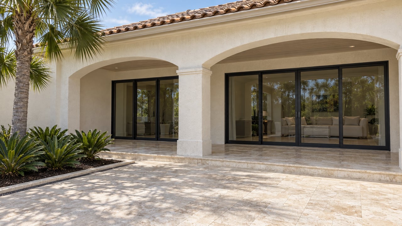 Low exterior view across an ivory stone terrace toward white stucco lanai arches and closed black-framed glass doors, with a single fan palm at left.