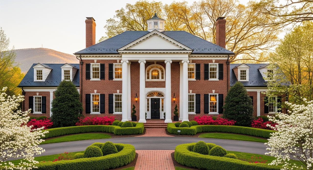 Red-brick mansion with white columns, symmetrical gardens, and flowering trees.