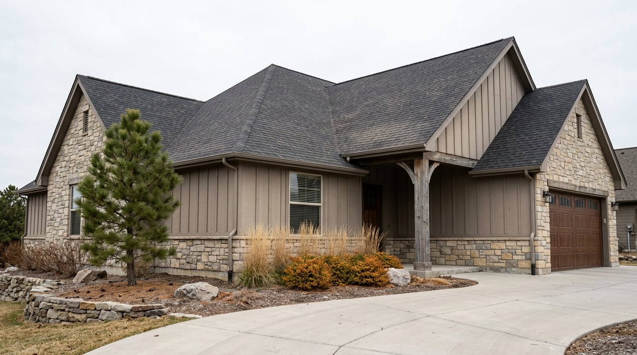 Suburban home with intersecting gables, stone veneer, taupe siding, timber porch post, and curving driveway