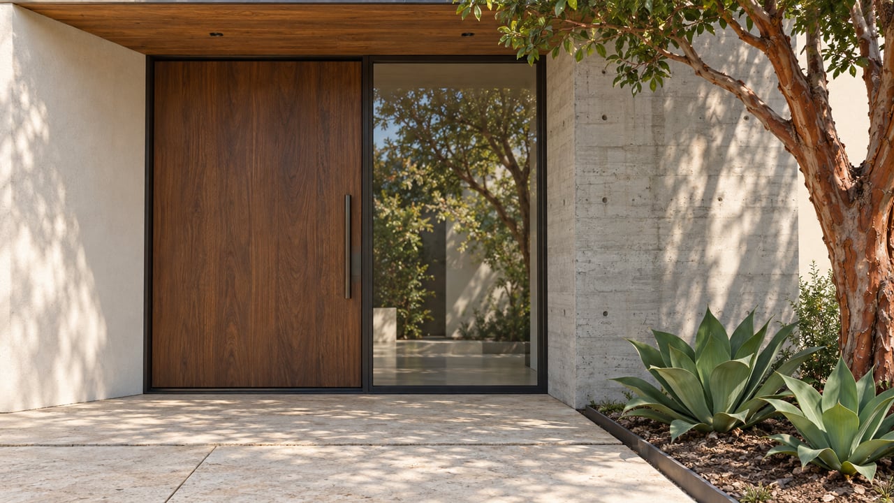 Recessed walnut entry beside a bronze-framed glass sidelight, limestone paving, and agaves beneath a peeling-trunk tree.