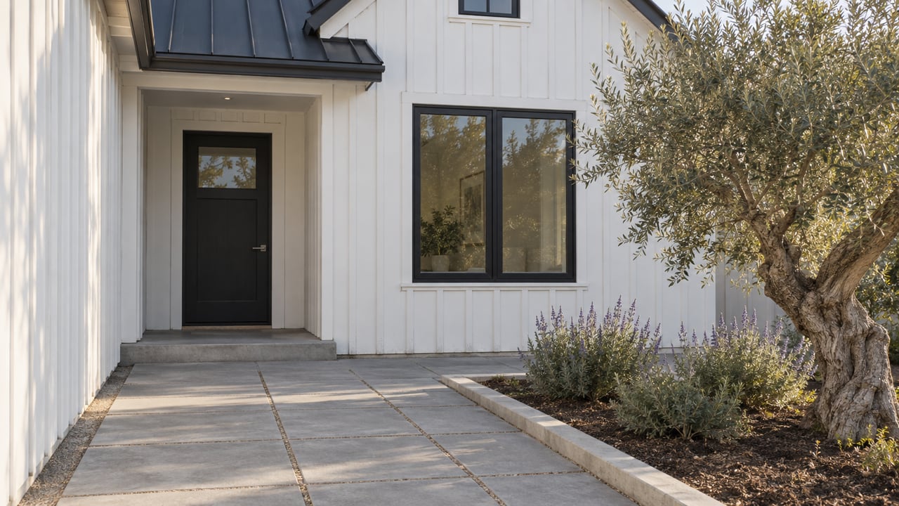 White board-and-batten home with a recessed black entry door, black casement window and gray paved approach beside an olive tree.